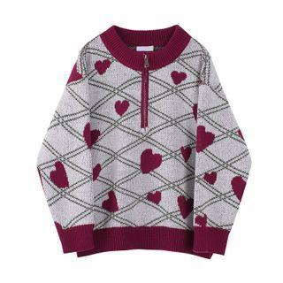 Heart Argyle Zip Sweater