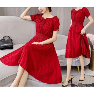 Off-shoulder Drawstring Short-sleeve Midi A-line Dress