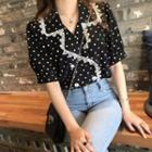 Short-sleeve Dotted Double-breasted Blouse Black - One Size