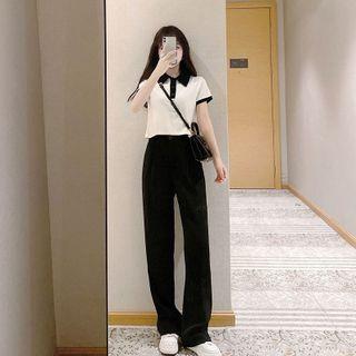 Set: Short-sleeve Collared T-shirt + Straight Leg Pants