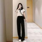 Set: Short-sleeve Collared T-shirt + Straight Leg Pants