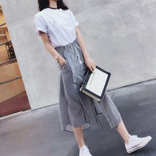 Set: Short-sleeve T-shirt + Striped Midi Skirt