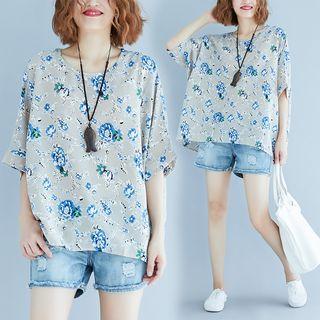 Flower Print 3/4-sleeve Chiffon Top