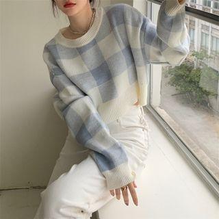 Round-neck Plaid Cropped Knit Top