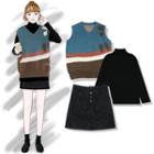 V-neck Knit Vest / Mock-turtleneck Long-sleeve Top / A-line Mini Skirt