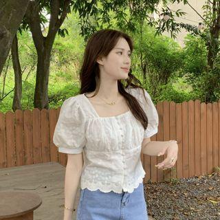 Short-sleeve Square-neck Eyelet Lace Blouse Off-white - One Size