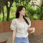 Short-sleeve Square-neck Eyelet Lace Blouse Off-white - One Size