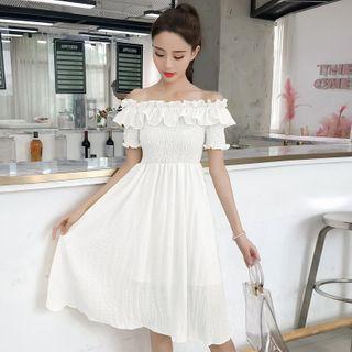Short-sleeve Off-shoulder Smocked Midi A-line Dress