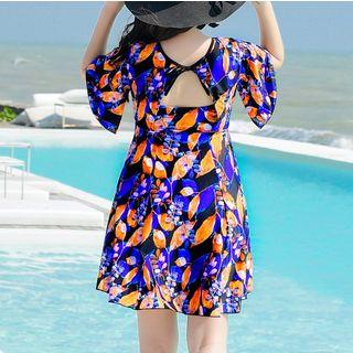 Printed Lace-up Short-sleeve Swimdress
