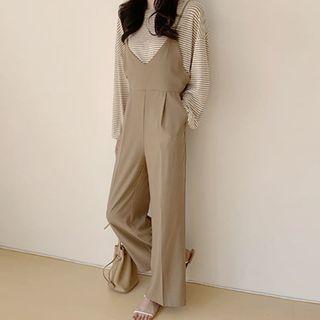 Set: Drop-shoulder Stripe T-shirt + Spaghetti-strap Jumpsuit Brown - One Size