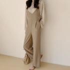 Set: Drop-shoulder Stripe T-shirt + Spaghetti-strap Jumpsuit Brown - One Size