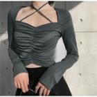 Long-sleeve Halter Ruched Cropped T-shirt