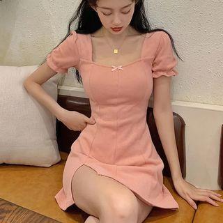 Short-sleeve Square Neck Side-slit Mini Sheath Dress