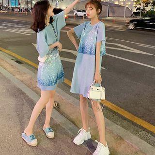 Short-sleeve T-shirt / Sequined Camisole Top / Short-sleeve T-shirt Dress / Sequined A-line Skirt / Set