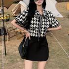 Elbow-sleeve Collared Houndstooth Zip-up Top / Mini Skort