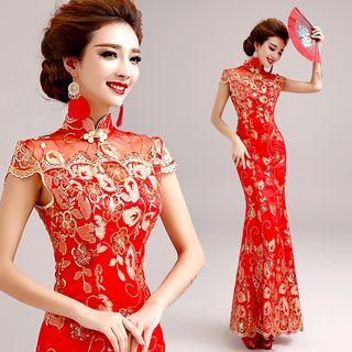 Cap-sleeve Embroidered Wedding Qipao