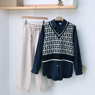 Knit Vest / Shirt / Wide-leg Pants
