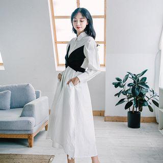 Long-sleeve Twisted Panel Midi Shirt Dress