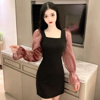 Puff-sleeve Square-neck Panel Dress