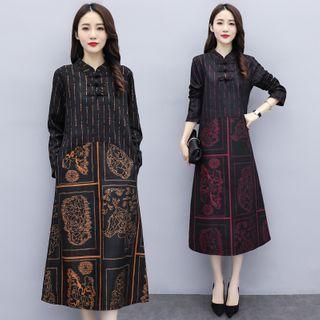 Long-sleeve Print Mandarin-neck Midi Dress