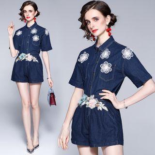 Set: Short-sleeve Floral Denim Shirt + Shorts