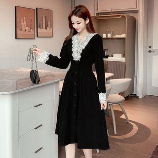 Plain V-neck Lace Panel Dress