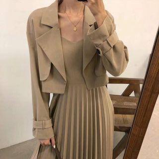 Set: Crop Blazer + Spaghetti Strap Midi Pleated Dress