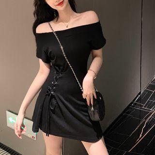 Short-sleeve Off-shoulder Drawstring Side Dress