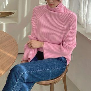 High-neck Raglan Rib-knit Sweater