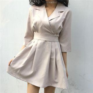 V-neck Pleated 3/4 Sleeve A-line Dress