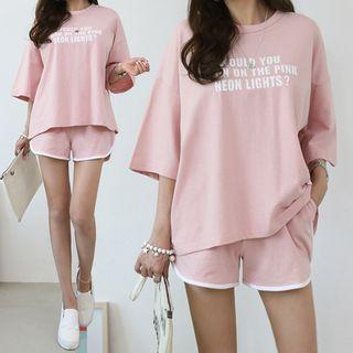 Set: 3/4-sleeve Letter Print T-shirt + Sweat Shorts