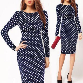 Polka Dot Long-sleeve Midi Sheath Dress