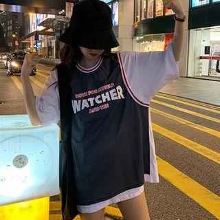Elbow-sleeve Lettering Mock Two-piece T-shirt As Shown In Figure - One Size
