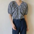 Balloon-sleeve Shirred Plaid Blouse Navy Blue - One Size