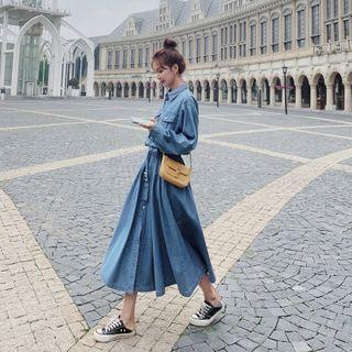 Pocket Detail Long-sleeve Midi Denim Shirtdress