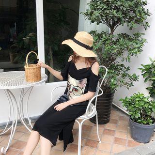Cat Print Cold Shoulder Midi T-shirt Dress