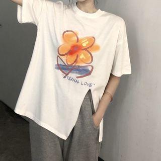 Short-sleeve Flower Print Side-slit T-shirt