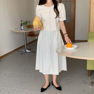 Short-sleeve Blouse / A-line Skirt Set Of 2 - Blouse - Light Almond - One Size / Skirt - Light Almond - One Size