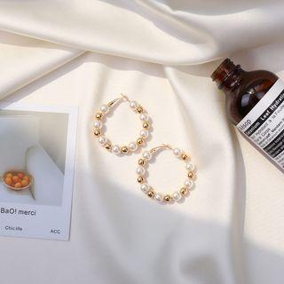 Faux Pearl & Alloy Bead Hoop Earring Hoop Earring - White & Gold - One Size