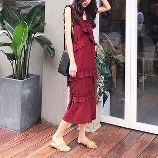 Plain Frilled Loose-fit Sleeveless Dress