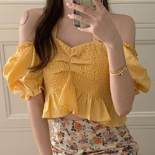 Short-sleeve Cold Shoulder Blouse Yellow - One Size