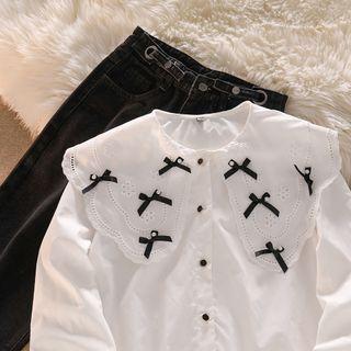 Collared Ribbon Blouse / Straight Leg Jeans