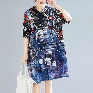 Short-sleeve Print Midi Hoodie Dress As Shown In Figure - One Size