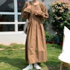 Buttoned Long-sleeve Midi Shift Dress