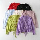 Long Sleeve V-neck Floral Embroidery Drawstring Crop Cardigan