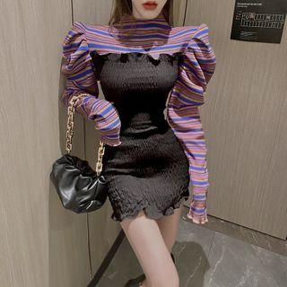 Long-sleeve Striped Panel Knit Mini Dress