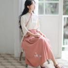Set: Elbow-sleeve Hanfu Top + Embroidered A-line Midi Skirt