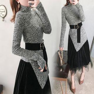Set: Asymmetric Mock-turtleneck Knit Top + Midi A-line Mesh Skirt