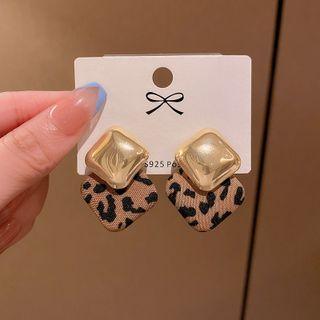 Leopard Print Square Fabric Alloy Dangle Earring E4704 - 1 Pair - Gold - One Size