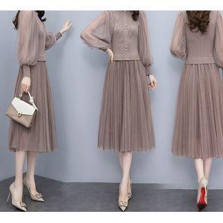Lantern-sleeve Mock-neck Mesh Midi A-line Dress